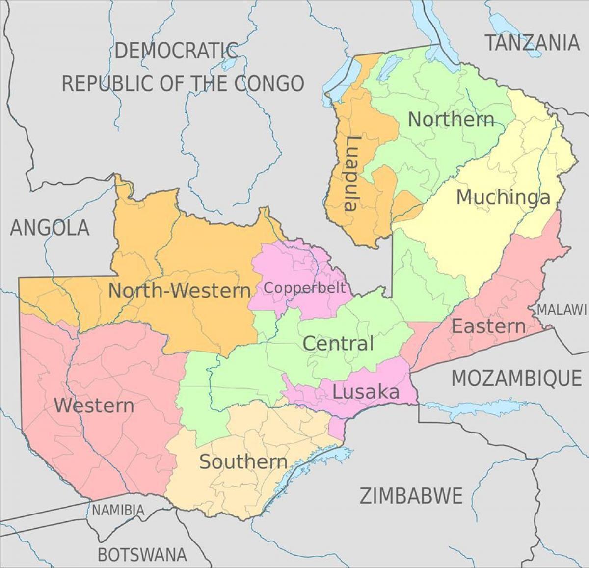 מפה של זמביה מראה 10 מחוזות