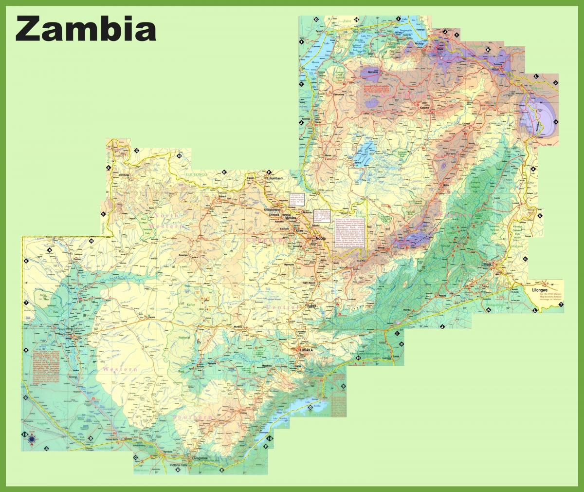 מפה של זמביה מראה כל הערים